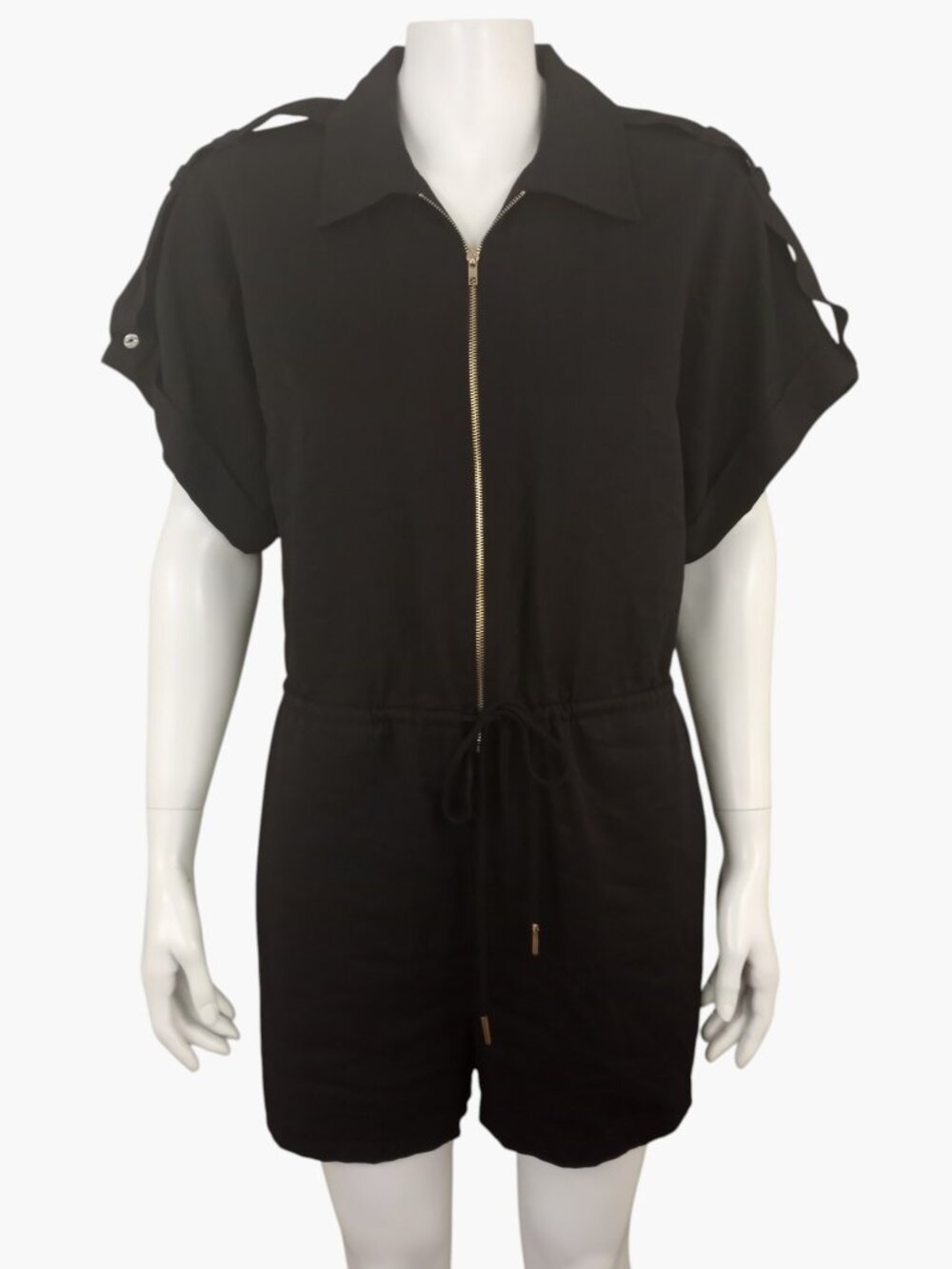 Naked Zebra Black Zip Front Short Sleeve Romper Womens M Drawstring Waist